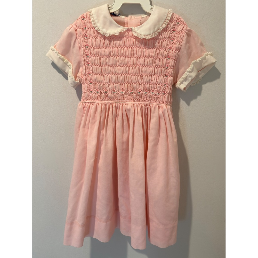 Vintage 1960s Lilliputian Bazaar Best & Co Smocked Floral Pink Dress 4T